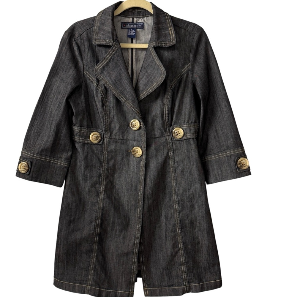 Baccini Dark Denim Trench Coat Duster 3/4 Sleeve M Vintage Y2K Mint Condition